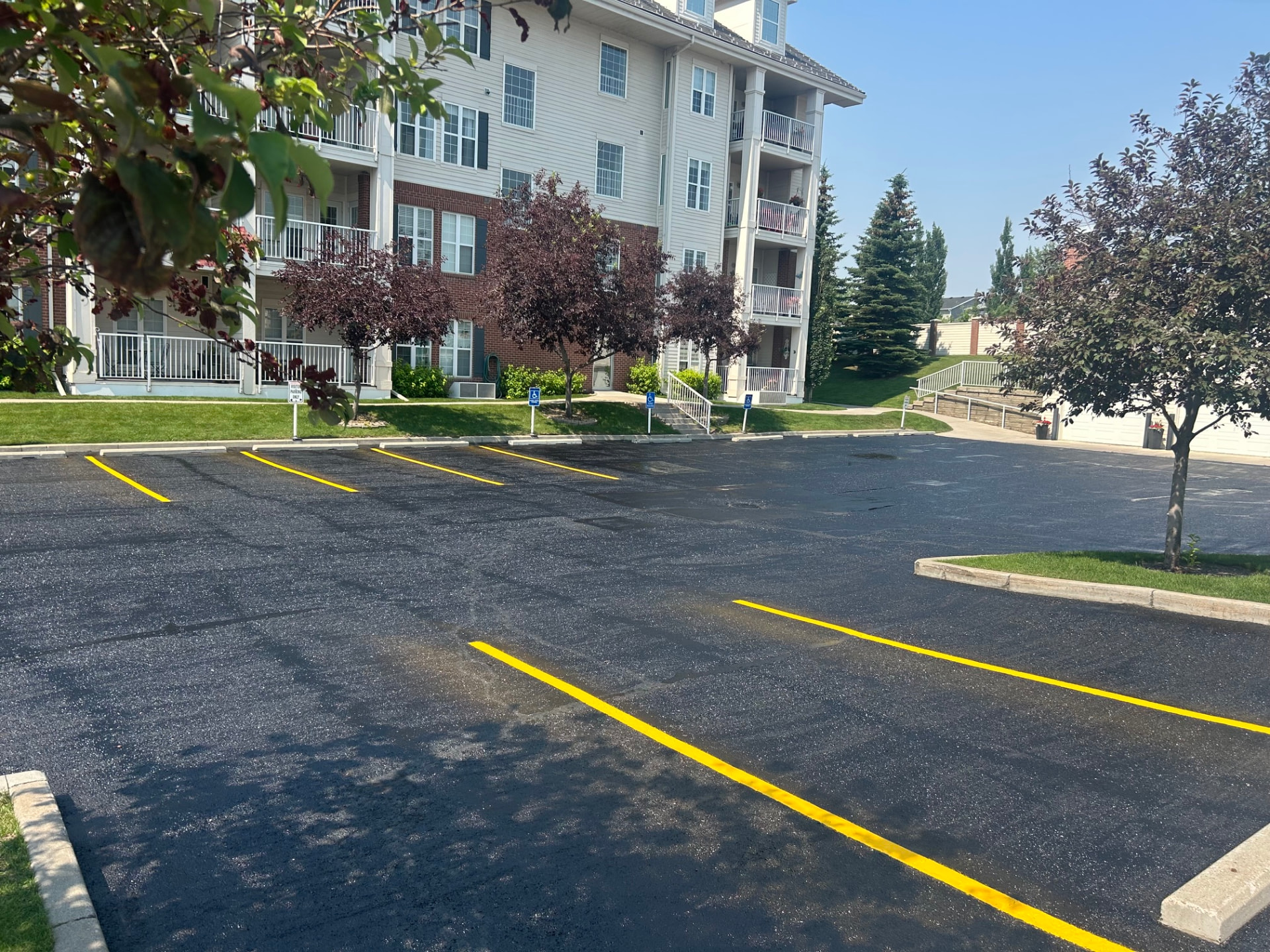 Large commercial parking lot with deep black sealed asphalt and crisp white line painting